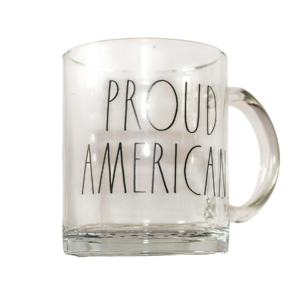 RAE DUNN "PROUD AMERICAN" Clear Glass Patriotic Coffee Mug 18oz New